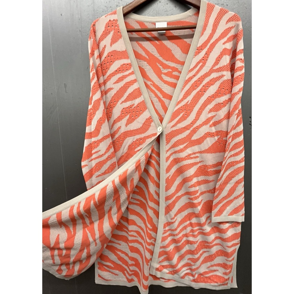 Chicos Sweater 3 US XL Orange Beige Zebra Animal Long Cardigan Stretchy Artsy - Picture 3 of 10